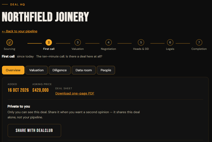 A deal record for Northfield Joinery, showing the seven-stage rail and the tabs for valuation, diligence, data room and people