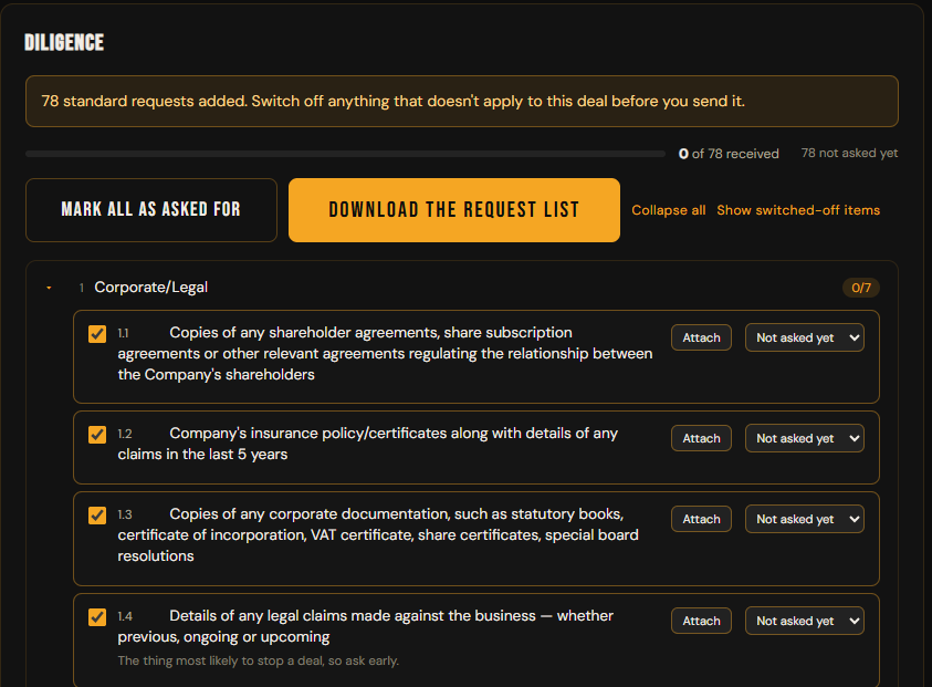 The diligence request list, numbered and sectioned, with 78 standard requests and a progress bar