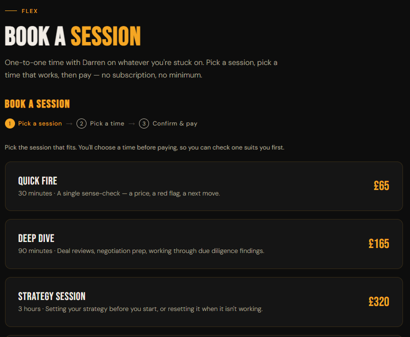 The Flex booking screen, showing the three steps — pick a session, pick a time, confirm and pay — above the session types and their prices