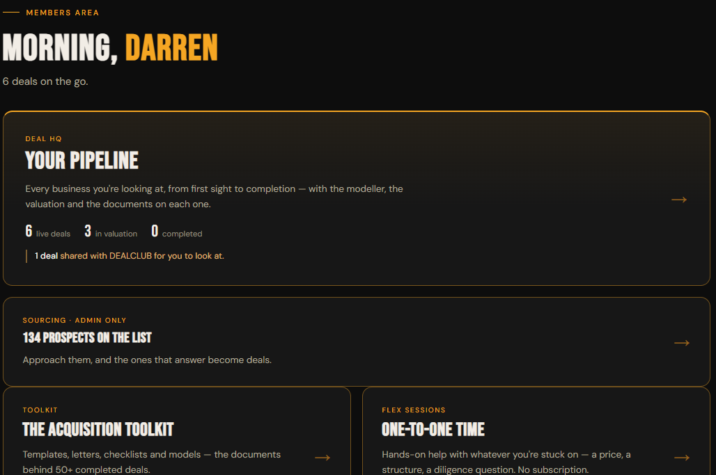 The members area home screen, showing the pipeline with six live deals, the prospect list, the Toolkit and Flex sessions
