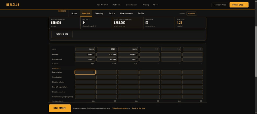 Animation of the deal modeller recalculating as add-backs are entered, with adjusted EBITDA rising from £95,000 to £183,667