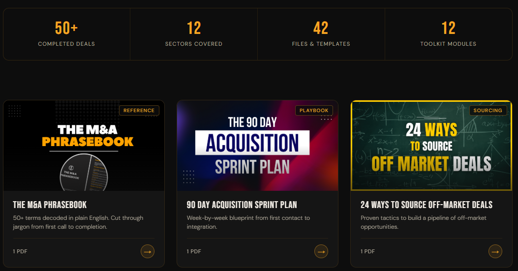 The Toolkit inside the members area, showing cover artwork for the M&A Phrasebook, the 90 Day Acquisition Sprint Plan and 24 Ways to Source Off-Market Deals